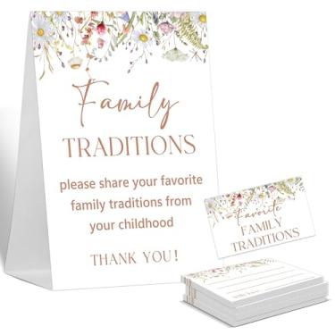 Imagem de Jogo de chá de bebê, placa de tradições familiares, 1 placa de pé e 50 cartões, decoração neutra de gênero de flores silvestres bebê em flor, festa de revelação de gênero, suprimentos de lembrancinha