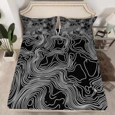 Imagem de Lençol de elástico geométrico abstrato, tamanho casal, estampa de linhas irregulares, tecido macio, bolso profundo, arte simples, geometria, preta, com 2 fronhas (sem lençol de cima)