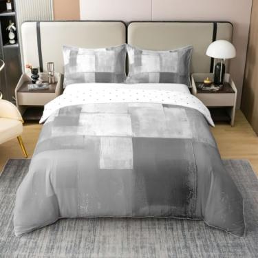 Imagem de jejeloiu Capa de edredom abstrata 100% algodão king size meninos meninas cinza ombré conjunto de cama respirável macio arte moderna capa de edredom 3 peças de luxo decoração de quarto microfibra fecho