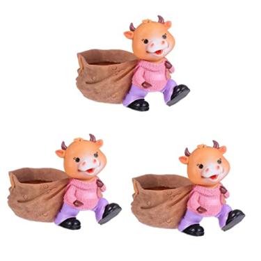 Imagem de 3 peças de plantas decorativas varanda de vaca estatueta boi cacto ao ar livre novo suporte recipiente jardinagem planta pequena suculenta jardim vasos flores mesa porcelana casa artificial (amarelo x