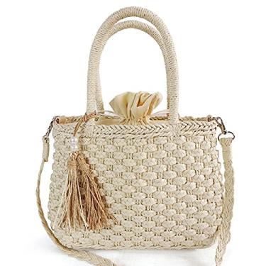 Imagem de QTKJ Bolsa feminina fofa de palha de verão, bolsa de ombro boho tecida à mão, bolsa transversal, alça de palha, bolsas de praia com borlas de pérola (bege)