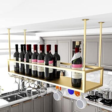 Imagem de Rack para garrafas de vinho para pendurar no teto, taças decorativas de champanhe, taças, suporte de taças, prateleira de armazenamento de parede de metal para bar, restaurante, cozinha (tamanho: 100