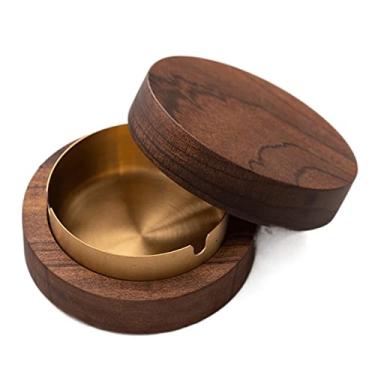 Imagem de Cinzeiros para cigarros, cinzeiro de nogueira, cinzeiro de madeira simples com capa para evitar que as cinzas voem o cinzeiro é naturalmente redondo sem decoração cinzeiro ao ar livre (dourado)