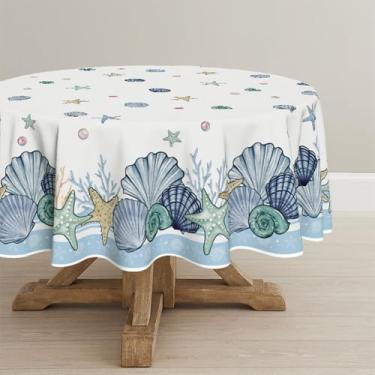 Imagem de Horaldaily Toalha de mesa redonda de verão, 228 cm x 234 cm, azul aquarela, concha de estrela-do-mar, algas marinhas, lavável, para decoração de festa, piquenique, jantar