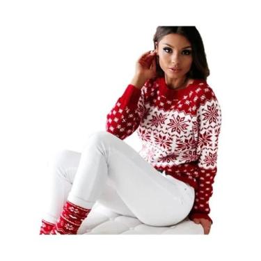 Imagem de Suéter Feminino De Natal Com Estampa De Floco De Neve, Tricô, Manga Lo