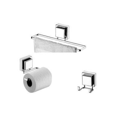 Imagem de kit banheiro ventosa cromado 3 peças toalha rosto, papel, cabide Futur