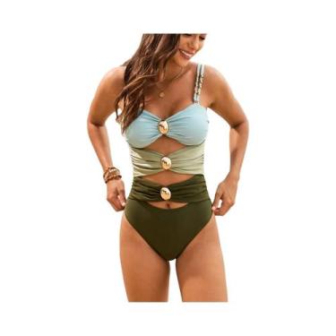 Imagem de Maiô De Uma Peça Com Fivela Dourada E Bloco De Cores, Efeito Push Up, 