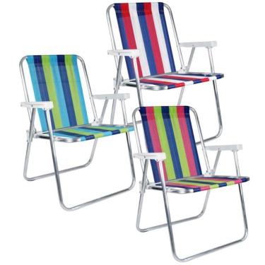 Imagem de Kit com 3 Cadeiras de Praia e Piscina Alta 25500 Cores Variadas Alumínio KRNK
