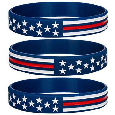 Imagem de Pulseiras de silicone com bandeira americana azul, pulseira fina de borracha vermelha para homens, mulheres, adolescentes, crianças para patriotas americanos, fãs do exército e do esporte, Standard 8"