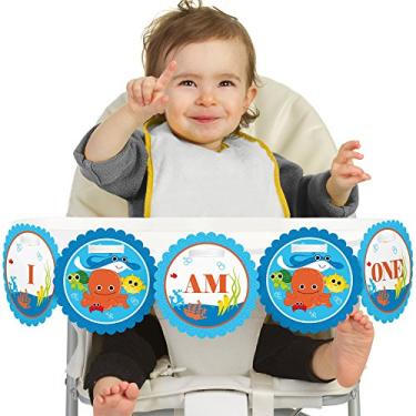 Imagem de Big Dot of Happiness Under the Sea Critters 1º aniversário decoração de cadeira alta - I Am One - banner de cadeira de aniversário de primeiro aniversário