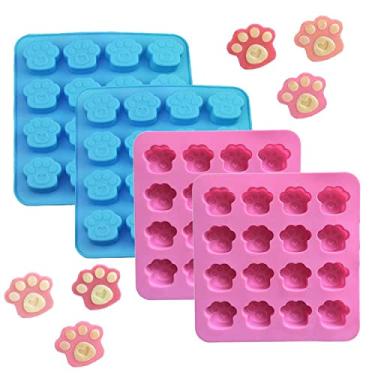 Imagem de PIVHWIR Moldes de silicone para pata de cachorro, moldes de silicone antiaderentes de grau alimentício para chocolate, doces, petiscos para cães, geleia, cubo de gelo (4 peças, rosa + azul)