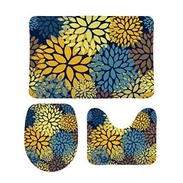 Imagem de Conjunto de 3 peças de tapete de banheiro My Daily com flores de dália, azul, amarelo, floral, em forma de U, tapete de banheiro antiderrapante