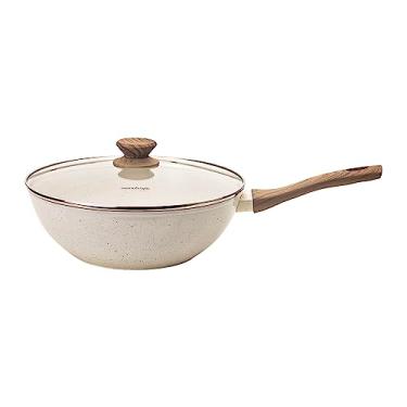 Imagem de Mimo Style Wok Linha Cook 28cm/4,15L - Estrutura em Alumínio Revestida em Cerâmica, Fundo de Indução. Cabo Soft-Touch, Não Esquenta. Funciona em Fogão a Gás, Elétrico e Indução (Marmol - Vanilla)