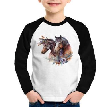 Imagem de Camiseta Raglan Infantil Casal De Cavalos E Flores Manga Longa - Foca