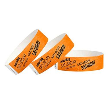 Imagem de Pulseiras Tyvek laranja neon 500 Wristco Saturday para eventos - 2,5 cm x 25,4 cm - Pulseiras de papel impermeáveis recicláveis confortáveis resistentes a rasgos para shows, festivais, festa de
