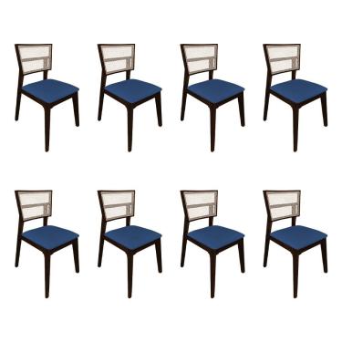Imagem de Kit 8 Cadeiras de Jantar Manuela em Tela Assento Veludo Azul Base em Madeira Maciça - Castanho