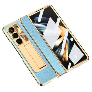 Imagem de POYUFRG Capa galvanizada de luxo para Samsung Galaxy Z Fold 6, proteção de dobradiça de lente de metal, capa de couro à prova de choque com suporte invisível fina, azul