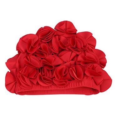 Imagem de Chapéu de natação feminino floral retrô floral pétala chapéus de natação moda elástico cabelo longo natação banho (vermelho) Tyr banho para mulheres