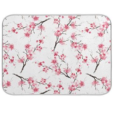 Imagem de Escorredor de pratos com flores de cerejeira 45,7 x 60,8 cm para cozinha Sakura Galho Rosa Branco Floral Pratos Escorredor de louças Tapetes Absorventes Acessórios de cozinha de secagem rápida