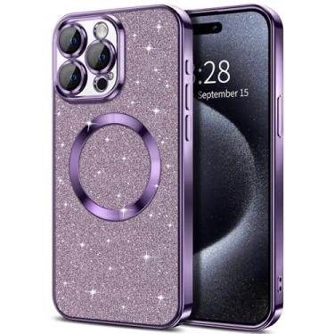 Imagem de Hython Capa para iPhone 15 Pro Max com glitter, capas de telefone magnéticas transparentes com protetor de lente de câmera [compatível com MagSafe] Capa protetora fina à prova de choque de TPU brilhante brilhante feminina roxa