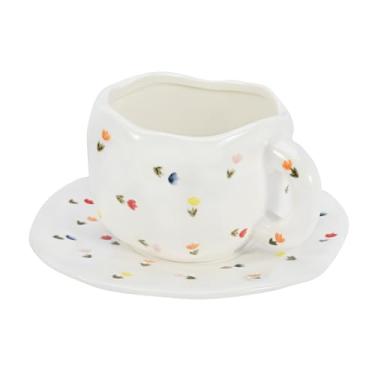 Imagem de Koythin Caneca de café de cerâmica, copo rosa fofo para mulheres com pires para escritório e casa, seguro para lava-louças e micro-ondas, 300 ml para chá latte e leite (tulipas coloridas)