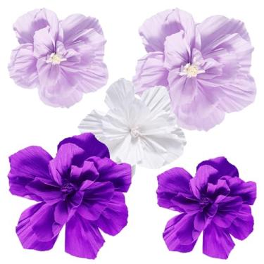 Imagem de NQEUEPN 5 peças de flores de papel, flores de papel premium, lindas flores de papel para parede, para festa, casamento, aniversário, celebração, suprimentos de decoração (roxo, roxo claro, branco)