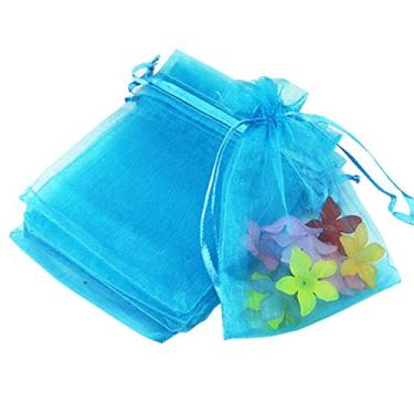Imagem de 50 unidades por pacote 4x6 sacos de presente azul água, tecido transparente de organza, sacos de malha transparente com cordão para lembrancinhas de chá de bebê, aniversários, flores secas de lavanda, confetes, batons femininos, dia das bruxas, viagens