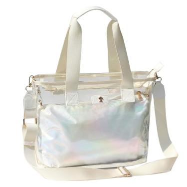 Imagem de Sacola transparente com bolhas de sabão iridescente – aprovada para estádio com design de ombro na bolsa para shows, praias e eventos, Branco, Large, Transparente