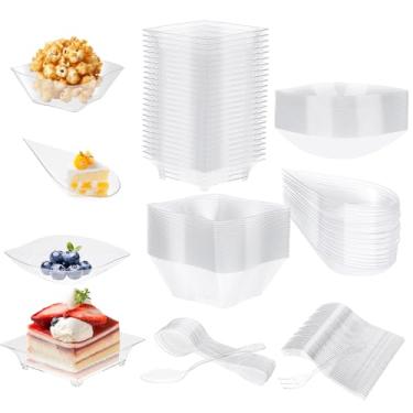 Imagem de EupHHonycs Conjunto de 200 pratos de aperitivo de plástico transparente para sobremesa, incluindo 100 tigelas de sobremesa de 4 formas, 50 colheres e 50 garfos, bandejas de servir descartáveis para