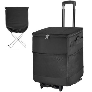 Imagem de Cooler dobrável grande de 40 L, bolsa térmica macia preta com rodas e alça, carrinho dobrável pequeno preto para praia, acampamento, pátio, viagem, ao ar livre, pedidos de comida quente