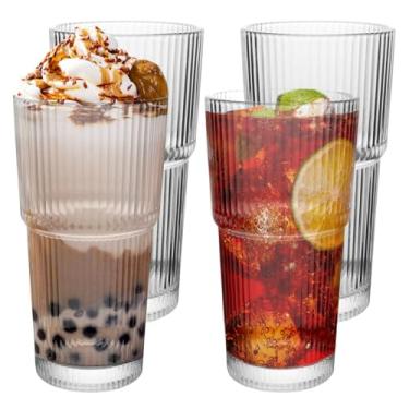 Imagem de CHPINDAM Copos de bebida, vidro canelado de 540 ml, pacote com 4 copos antiquados, vidro espesso para cafés gelados, vitaminas, coquetéis e sucos, perfeitos para famílias e festas (4)