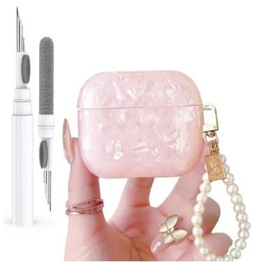 Imagem de Olytop Capa para Airpods 3ª Geração com Caneta Limpadora, Padrão de Concha de Glitter Fofo Airpods 3 Geração Capa Protetora Pele Feminina com Pérola de Luxo Chaveiro para Apple iPod 3ª Geração - Rosa