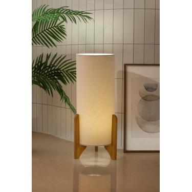 Imagem de Luminária de Chão Moderna, Base em Madeira, Cúpula Cilíndrica em Tecido, Estilo Minimalista