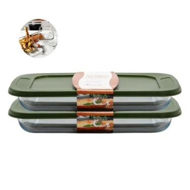 Imagem de Conj 2 Travessa Refratária Vidro Retang 2,2L Tampa Silicone - CasaVita