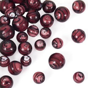 Imagem de Spritewelry Contas redondas Lampwork 8/10/12 mm Rondelle contas espaçadoras de vidro liso 32 peças contas vermelhas feitas à mão com padrão de tira redonda para fabricação de joias
