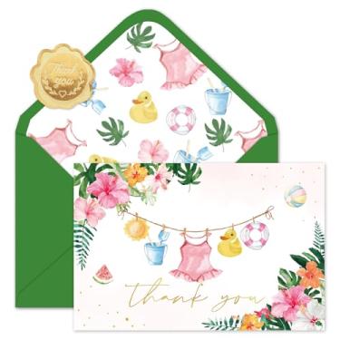 Imagem de FYSUIMU Pacote com 50 cartões de agradecimento para chá de bebê de verão roupas de flores Luau cartão de felicitações em caixa cartão de notas em branco com adesivo envelope para suprimentos de festa