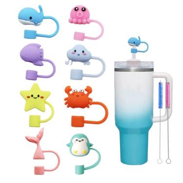 Imagem de 8 peças de tampas fofas de palha de animais marinhos de 10 mm para copo Stanley, tampas de palha de silicone compatíveis com copos Stanley de 30 e 1,134 g com alça, tampas reutilizáveis à prova de