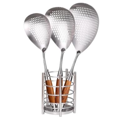 Imagem de Escumadeira Escumadeira Conjunto de 4 Utensílios de Cozinha Asiática Coador de Aranha Escumadeira Colher de Concha com Suporte para Fritar Alimentos, Massas, Legumes, Bolinhos de Massa - 37 cm, 42 cm