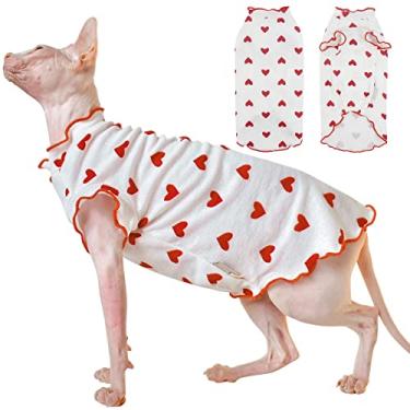 Imagem de DENTRUN Camiseta Sphynx com estampa de coração, gatos sem pelos, camisetas de gatinho com mangas Perlin, roupa de gato respirável, suéter fofo, adorável roupa de gato sem pelos, colete pijama macacão
