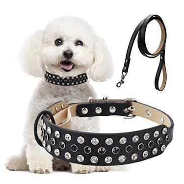 Imagem de Coleira de cachorro de strass, coleiras de diamante brilhantes com guia ajustável, deslumbrante brilhante cristal cravejado de microfibra couro com espinhos de cachorro fofo para meninas pequenas e médias grandes gatos