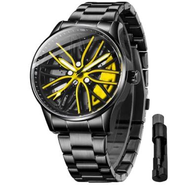 Imagem de Relógio de pulso masculino criativo 3D giratório com roda de carro, design de cubo de aro, moderno, quartzo, elegante, com pulseira de aço inoxidável, presentes para entusiastas de carros, X preto e