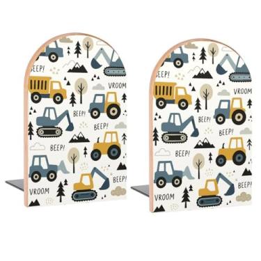 Imagem de Desenhos animados escavadeira carros terminais de livros decorativos de madeira para prateleiras quarto de crianças mesa escritório em casa rolhas de livro para revistas, livros, DVDs, 1 par/2 peças