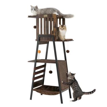 Imagem de FourFurPets Árvore de gato moderna, torre de gato de 149 cm para gatos grandes, Maine Coon árvore para gatos com tábua de arranhar, poleiro grande, rede e almofadas removíveis, marrom rústico