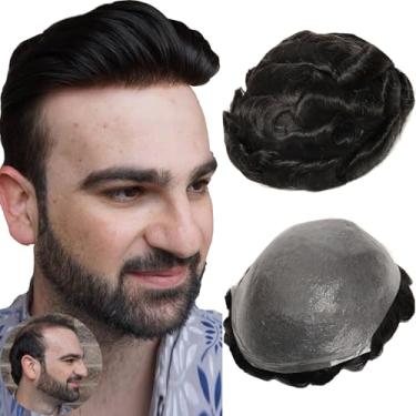Imagem de BEEOS Toupee de pele fina de 0,03 mm para homens, laço em V e sem nós macio cabelo humano real peruca masculina 90% densidade clara, 20 x 25 cm peruca masculina transparente base PU #1C preta