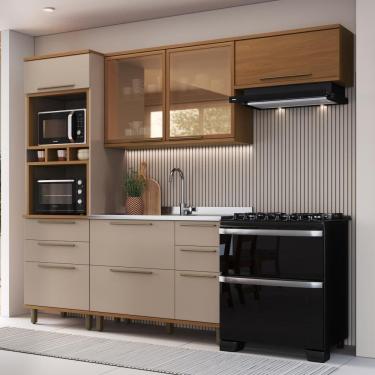 Imagem de Cozinha Modulada Compacta Fidelitá Barcelona 4 Peças 270cm 8 Portas 4 Gavetas Sem Tampo Freijó/Camurça