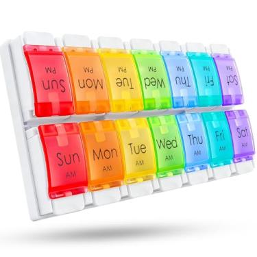 Imagem de Organizador semanal grande de comprimidos para 7 dias, à prova de derramamento, 2 vezes ao dia, dispensador de vitamina com botão, porta-comprimidos semanais de etiqueta transparente para óleo de