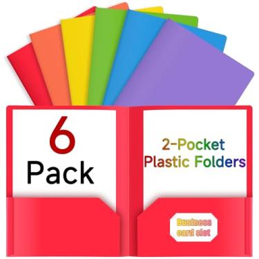 Imagem de Pastas de plástico com bolsos (pacote com 6, cores sortidas) Pasta durável com 2 bolsos com compartimento para cartão de visita, tamanho carta, para escola, escritório ou documentos de organização