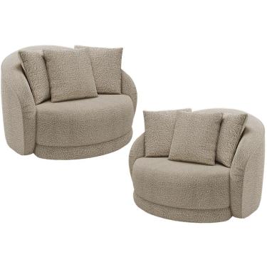 Imagem de Kit 02 Poltronas Decorativa Para Sala de Estar Base Giratória Witta M03 Bouclê Bege - Lyam Decor