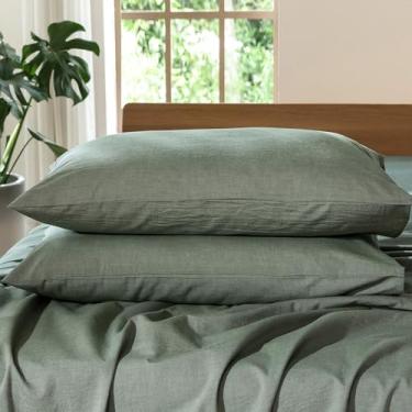 Imagem de MooMee Pacote de 2 fronhas de cama 100% algodão lavado, texturizado, respirável, durável, macio e confortável (verde mesclado, padrão)