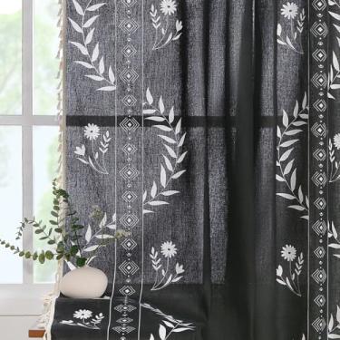 Imagem de Cortinas pretas Boho para sala de estar, 150 cm de comprimento, semitransparente, padrão floral, cortina vintage para janela de casa de fazenda, 2 painéis para sala de jantar e cozinha